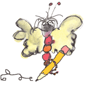 Cartoon drawing of a butterfly holding a pencil.